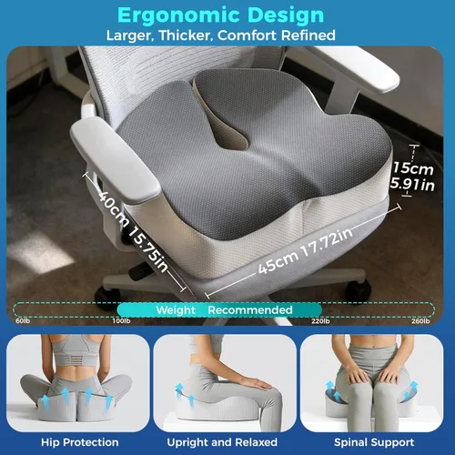 Miniatura 2 de Cojín de asiento para silla de oficina con loft ajustable, cojín grueso de espuma viscoelástica para respaldo y ciática, coxis, alivio del dolor