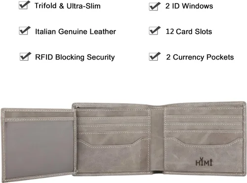 Miniatura 4 de Billetera para hombrecon RFID bloqueo plegable en 3, piel genuina, cartera con 2ventanas para identificación