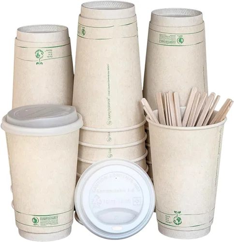 Miniatura 10 de Living Balance - Tazas de café compostables certificadas con tapas, 12 onzas, paquete de 100 con agitadores y mangas integradas, resistentes