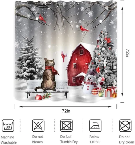 Miniatura 5 de Cortina de ducha con diseño de gato de Navidad, árbol de pino, cardenal, pájaro, muñeco de nieve, cabaña, copo de nieve, escena de vacaciones