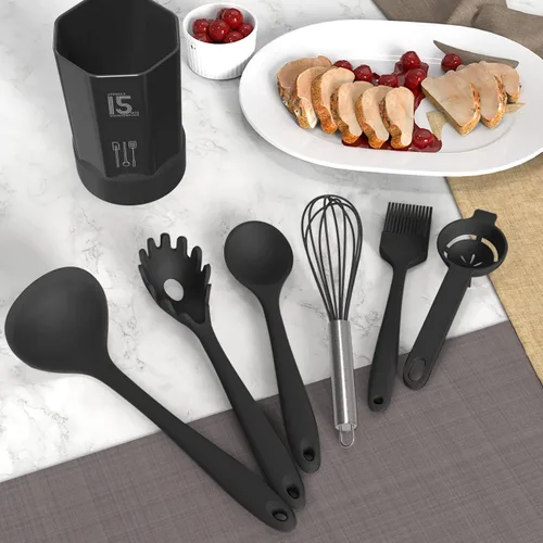 Miniatura 8 de AOTHOD Juego de utensilios de cocina de silicona, resistentes al calor, pinzas giratorias, espátula, cuchara, cepillo, batidor, juego de Negro