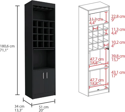 Miniatura 2 de Armario alto de bar con 16 estantes para vino y soporte para vasos, armario de licor de granja con 2 puertas, estante abierto, bandeja extraíble