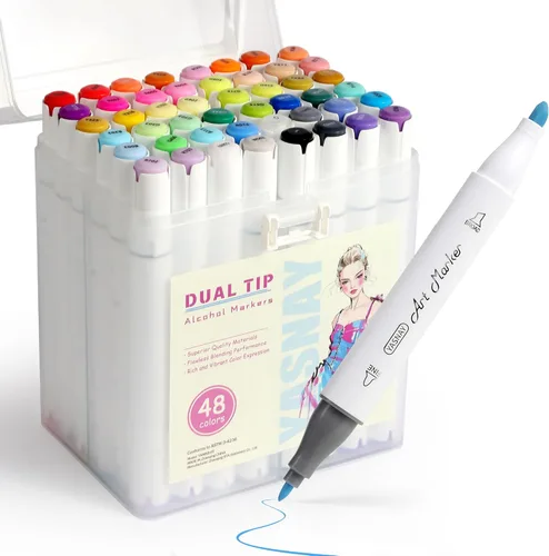 YASNAY Marcadores de alcohol, 48 colores de doble punta, marcadores de dibujo, marcador de colorear para dibujar para colorear para adultos (estuche