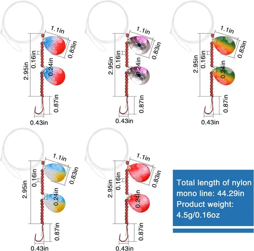 Miniatura 6 de Walleye Spinner Rig Kit, paquete de 5 arneses sobre orugas Walleye Rig pre-aparejado plataformas de cebo vivo Colorado spinners cuchillas giratorias