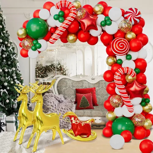 Miniatura 6 de Kit de arco de guirnalda de globos de Navidad con globos de trineo con lentejuelas rojas, doradas, blancas, verdes, doradas, estrellas, alces