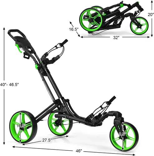 Miniatura 7 de GYMAX Carrito de golf plegable con rueda delantera giratoria, carrito de golf ajustable de 3 ruedas, carrito de golf compacto fácil de plegar