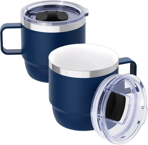 Miniatura 13 de Taza de café pequeña de 8 onzas con tapa deslizante magnética y asa, acero inoxidable 18/8 con forro de cerámica, doble pared aislada al vacío