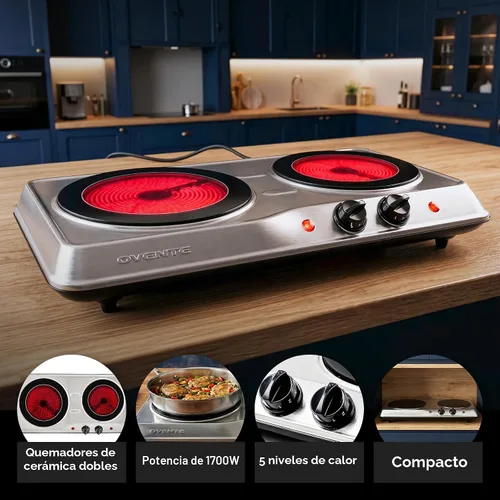 Miniatura 3 de OVENTE Quemador doble infrarrojo para encimera, placa eléctrica de 1700 W y estufa portátil con placa de cocción de vidrio de cerámica de 7.75
