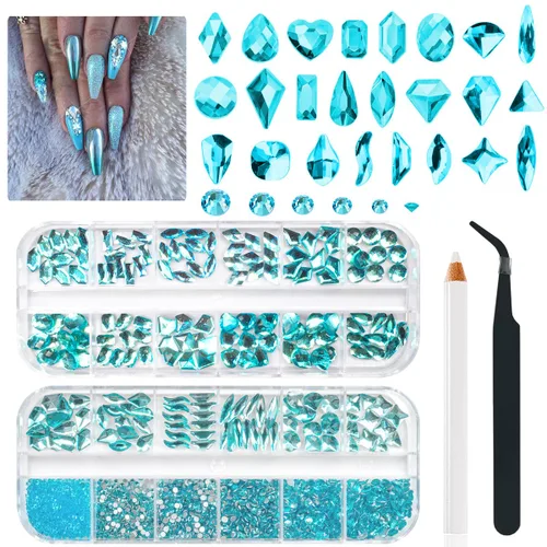 qiipii 24 estilos de diamantes de imitación de aguamarina para uñas, piedras azul lago, diamantes K9 de vidrio, cristales planos azul agua, gemas,