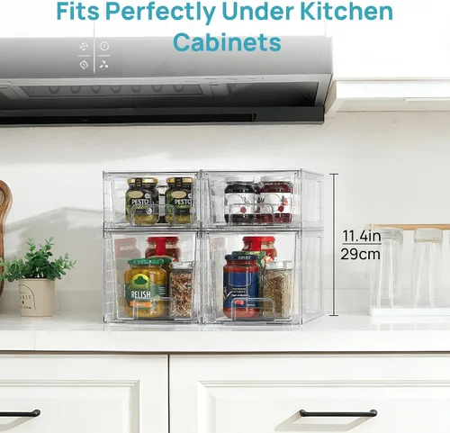 Miniatura 7 de Vtopmart Paquete de 4 cajones de almacenamiento apilables transparentes, para debajo del fregadero y la cocina, cajones de plástico fáciles
