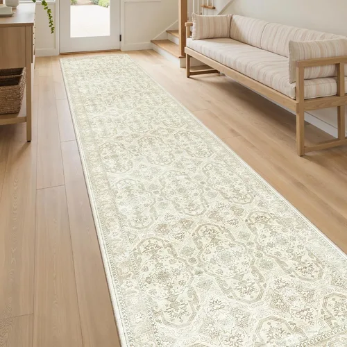 Miniatura 85 de Alfombra de pasillo Soalmost 2'6" x 10' lavable, alfombra antideslizante para cocina, baño, lavandería, alfombras vintage ultra delgadas para Beige