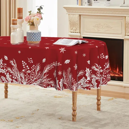 Miniatura 7 de Horaldaily Mantel de Navidad rectangular de 60 x 84 pulgadas, diseño de hojas florales, lavable, para decoración de fiestas, pícnic, cenas Rojo