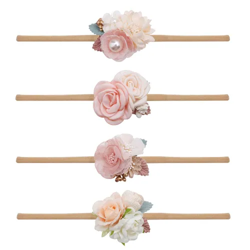 Miniatura 9 de Diademas de flores de nailon para bebé niña, con moños de flores, accesorios elásticos para el cabello, corona, envolturas florales hechas a mano