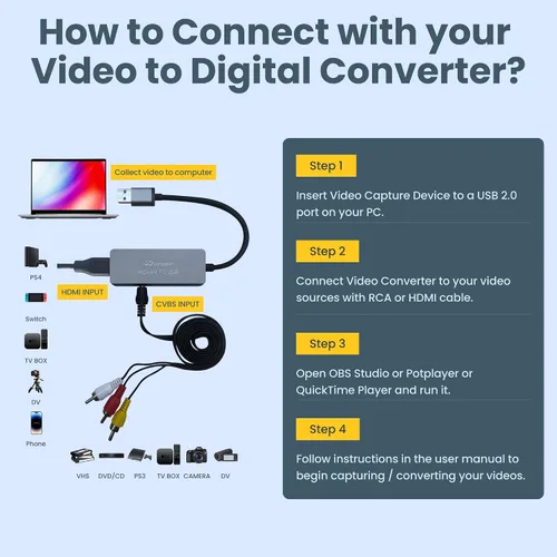 Miniatura 4 de Tarjeta de captura de video USB para VHS/HDMI/AV/RCA, convertidor de video analógico a digital, convertidor VHS a digital/USB/RCA, compatible