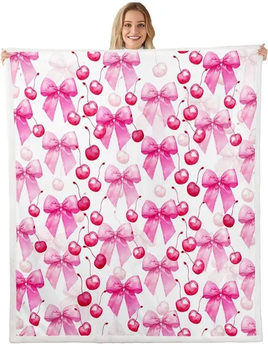 Miniatura 46 de Manta de franela con lazo rosa, manta de vellón con lazo en acuarela para decoración del hogar, sofá, sofá, manta de forro polar kawaii de dibujos