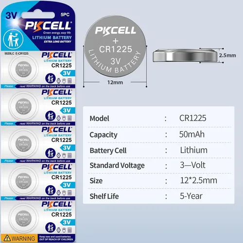 Miniatura 2 de PKCELL CR1225 batería de litio de 3 V, modelo CR 1225, pilas de botón para termómetro, vida útil de 5 años (5 unidades)