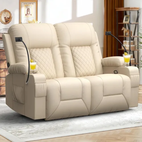 Miniatura 23 de FURNIMAT Sofá reclinable biplaza, sofá reclinable doble de 3 plazas con consola abatible, moderno sofá biplaza de cuero PU para sala de estar/casa