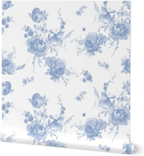 Papel tapiz para despegar y pegar, romántico, floral, azul, blanco, shabby chic, flores descoloridas de primavera, papel tapiz extraíble