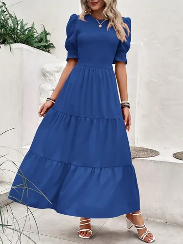 Miniatura 63 de BTFBM Vestidos para mujer, cuello redondo, casual, de verano, con volantes, manga corta, bohemio, con niveles, fruncido, largo, con estampado floral