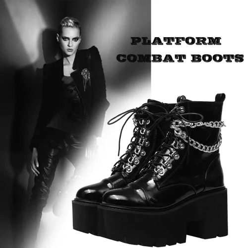 Miniatura 4 de CYNLLIO - Botas estilo combate de moda al tobillo de mujer, plataforma en bloque con cordones y tachas, botas de motocicleta a mitad