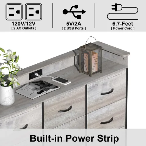 Miniatura 3 de EXOTICA Cómoda con estación de carga, 9 cajones para dormitorio con luces LED, cómoda de tela alta y ancha para armario, pasillo, entrada, marco