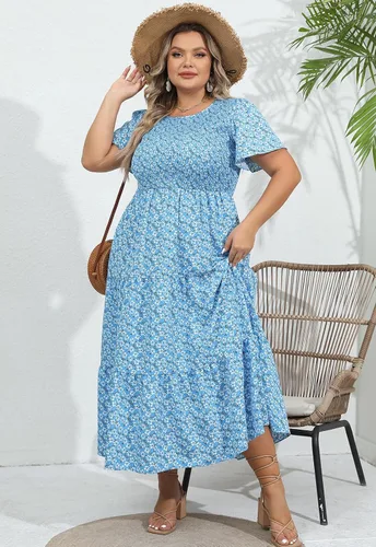 Miniatura 5 de Vestido largo escalonado fruncido para mujer, talla grande, con bolsillos, elegante, manga corta, cuello redondo, floral, bohemio, vestido bohemio