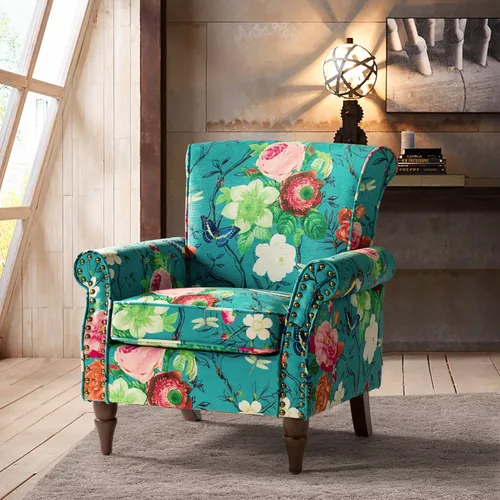 Miniatura 24 de HULALA HOME Silla moderna con respaldo de alas con patas de madera y cojín extraíble, cómodo sillón tapizado con ribete de cabeza de clavo, sofá