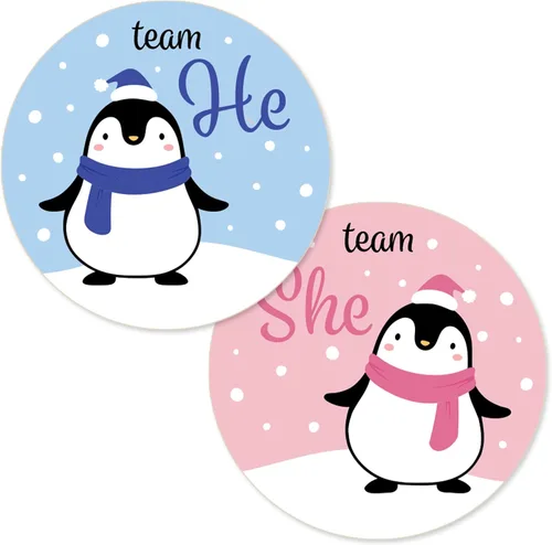 Waddle It Be? Pegatinas de fiesta de revelación de género de pingüino, equipo él o equipo ella, rosa o azul, 40 unidades | 1.75" Round, 20 Team He