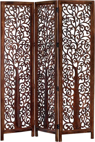 Biombo Divisor de Habitación de Madera - Árbol Arbor Marrón Antiguo - Hecho a Mano 60 x 72 pulgadas Tres Paneles Plegables - Pantalla Decorativa de