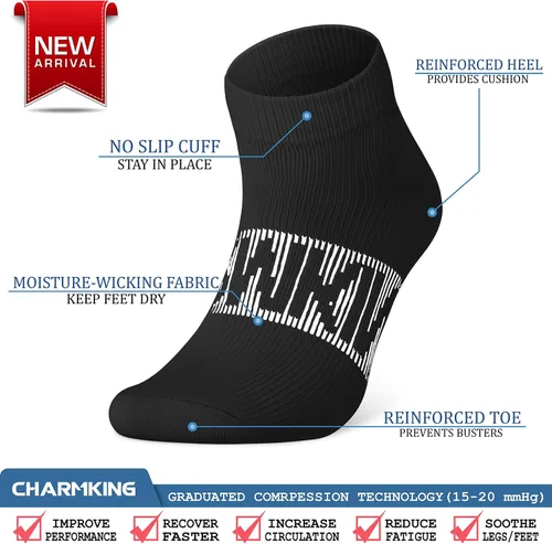 Miniatura 5 de CHARMKING Calcetines de compresión para mujeres y hombres, 6 pares de calcetines atléticos de tobillo de 15-20 mmHg, ideales para entrenamiento