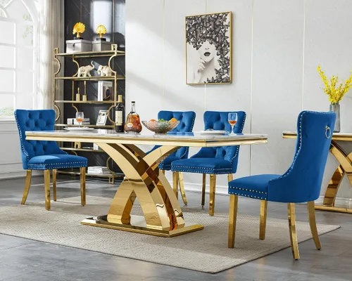 Miniatura 36 de Juego de mesa de comedor de mármol de lujo de 70 pulgadas para 4, juegos de mesa de cocina blanco y dorado para 4, mesa de comedor moderna de mármol