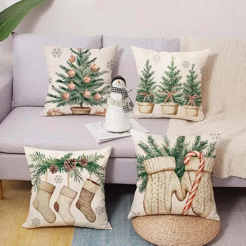 Miniatura 5 de Juego de 4 fundas de almohada decorativas para árbol de Navidad de invierno, 18 x 18 pulgadas, con medias de manoplas, regalos para porche