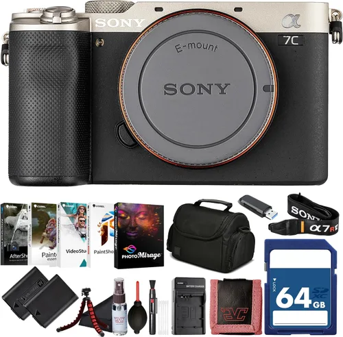 Sony Cuerpo de cámara sin espejo de marco completo α7C negro (ILCE-7C/S) - Sensor Exmor R de 24.2 MP, video 4K, diseño compacto | Tarjeta de 64 GB,