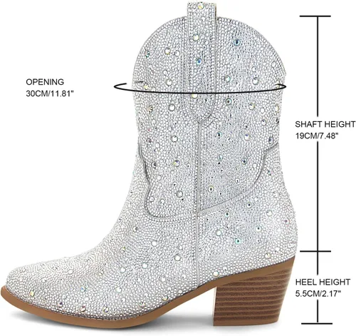 Miniatura 2 de SOVANYOU - Botas de cowboy con tachuelas para mujer, puntera en forma de almendra, tacón de bloque brillante, botas de vaquera con tachuelas