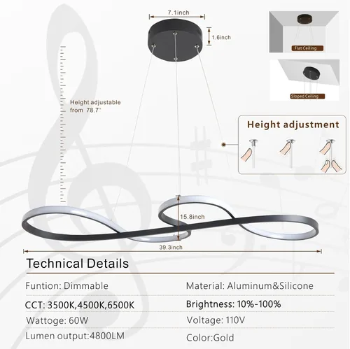 Miniatura 5 de Lámpara LED negra regulable moderna para comedor sobre mesa, altura ajustable con control remoto