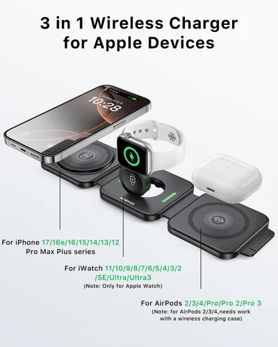 Miniatura 2 de Estación de carga inalámbrica magnética plegable 3 en 1 para dispositivos Apple, organizador de viaje y escritorio compatible con iPhone 17-12