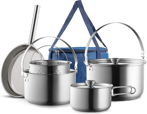 Juego de utensilios de cocina de acero inoxidable 304 de 8 piezas para ollas y sartenes, kit de cocina de fuego abierto | Sartén vaporera con bolsa