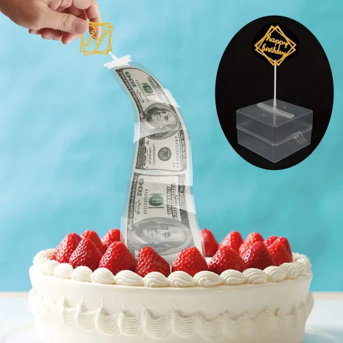 Miniatura 3 de Kit de extracción de dinero, caja de dinero de cumpleaños con 1 adorno para pastel de cumpleaños y 20 bolsas transparentes conectadas, decoración