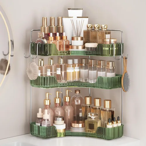 Miniatura 7 de Organizador de esquina para encimera de baño, organizador de baño de 2 niveles y encimera de almacenamiento con ganchos, cuidado de la piel