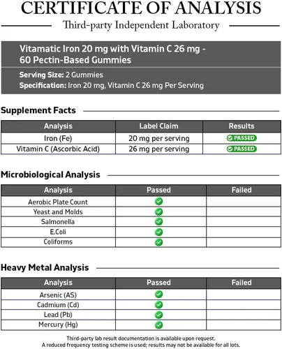 Miniatura 3 de Vitamatic Suplemento de gomitas de hierro para mujeres y hombres, porción de 20 mg, 60 gomitas veganas, vitaminas de gomitas de hierro de gran sabor