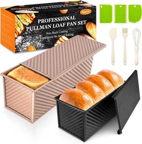 Miniatura 11 de Paquete de 2 moldes para pan con tapas, capacidad de masa de 1 libra, molde para pan Pullman de acero al carbono antiadherente para sándwich casero
