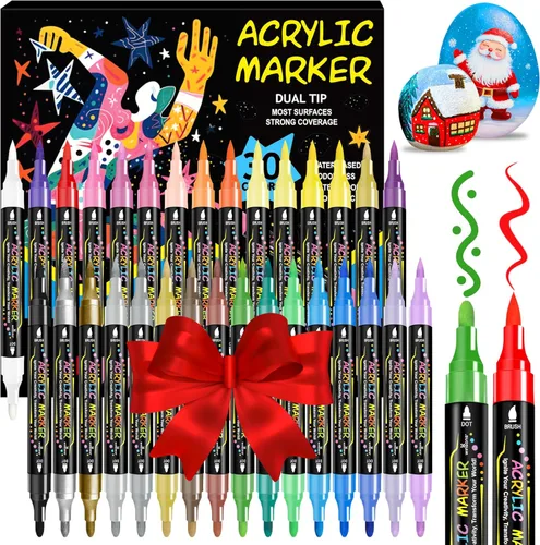 WINSONS Marcadores de Pintura Acrílica de Punta Doble de 30 Colores - Marcadores de Pintura Acrílica Premium, Puntas de Pincel y Redondas, Secado