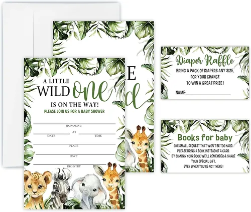 GREOXG Wild One - Juego de invitaciones para baby shower, tema de animales verdes, 25 invitaciones y sobres, 25 boletos para rifas Dipaer y 25
