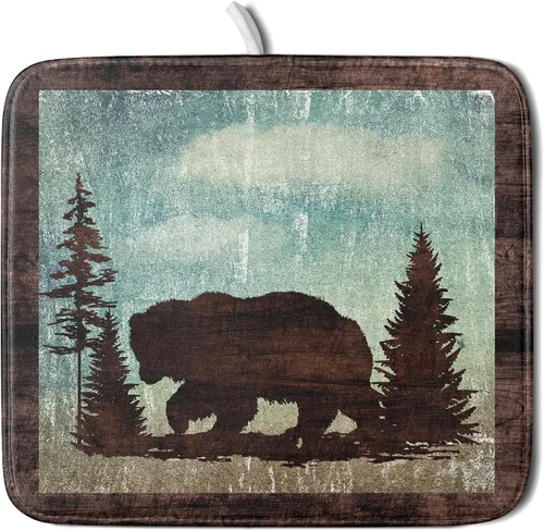 Miniatura 27 de Giwawa Tapete de Secado de Platos Retro Silueta de Cabaña del Bosque de Ciervos para Encimera 18 x 24 pulgadas Otoño Cielo Azul Nube Dibujos