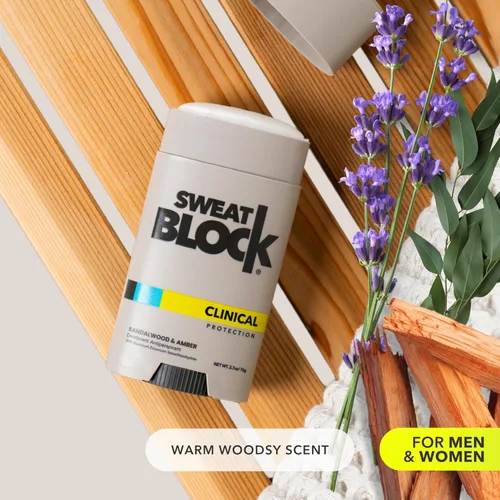 Miniatura 5 de SweatBlock Desodorante de fuerza clínica, antitranspirante para hombres y mujeres, aroma de sándalo y ámbar, protección de 48 horas contra el sudor