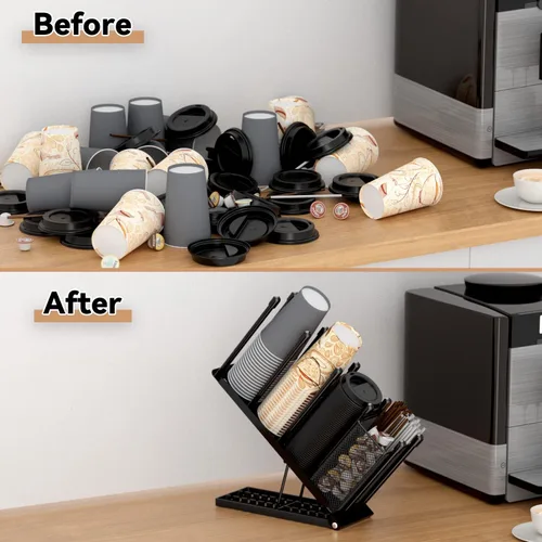 Miniatura 4 de OVICAR Soporte para tazas y tapas, organizador ajustable para tazas de café, dispensador de tazas desechables de 4 compartimentos, con cesta de Negro