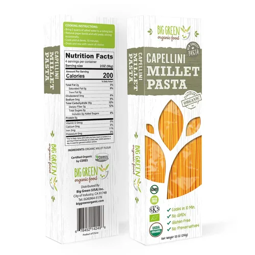 Big Green Organic Food - Capellini de mijo orgánico, sin gluten, sin lectina, sin OMG, vegano, alternativa de trigo y arroz, 8.8 oz (1)