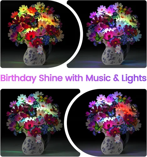 Miniatura 6 de Tarjetas de cumpleaños CUISH, tarjeta de feliz cumpleaños con luz y música, Cosmos Margarita No me Olvides, tarjeta de regalo de ramo de flores 3D
