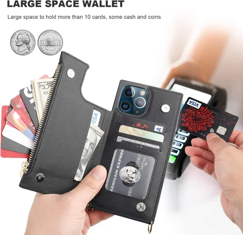 Miniatura 4 de Bocasal Funda tipo cartera cruzada para iPhone 12 Pro Max con tarjetero, protector de ranura para tarjetas con cremallera, a prueba de golpes