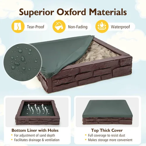 Miniatura 3 de Costzon Caja de arena para niños con cubierta, caja de arena de polietileno de alta densidad de 47 x 47 pulgadas con cubierta Oxford, forro Óxido